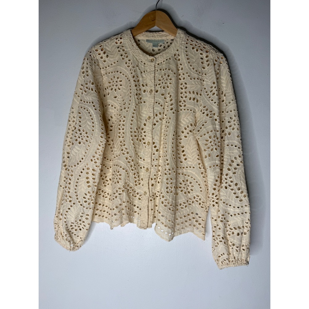 Ryegrass Cream Cotton Eyelet Embroidered Button Front Cardigan Top Large